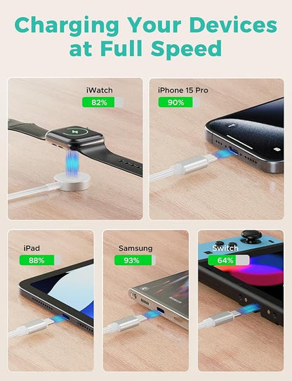 Travel Essentials,3 in 2 USB C Cable for Apple Watch Charger,iPhone Charger,Multi Charging Cable,Cruise Vacation Camping Essentials,Portable for iWatch Series 11-2/Ultra/SE & iPhone 17-12,Car,White