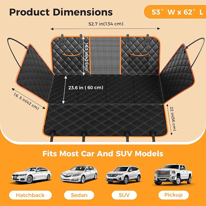 Dog Car Seat Cover for Back Seat, Hard Bottom Back Seat Extender for Dogs - Supports 400lbs,New Waterproof, Scratch Resistant, Anti Slip Portable Dog Hammock,Suitable for Cars, SUVs and Trucks(Orange）