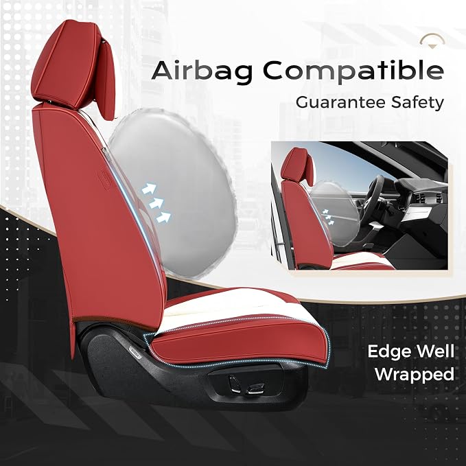 Coverado Seat Covers Full Set, 5 Seats Seat Covers for Cars, Waterproof Nappa Leather Car Seat Covers with Head Pillow, Seat Protectors Car Seat Cushion Universal Fit for Most Cars (Red&White)