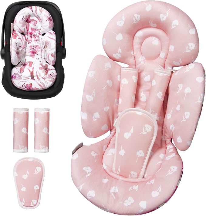 TinlyFinly Newborn Car Seat Insert, Head and Body Support, Reversible Infant Insert Compatible with Baby Carseat, Stroller, Mamaroo Swing, Rocker, Bouncer. Baby Car Seat Cushion - Pink Floral