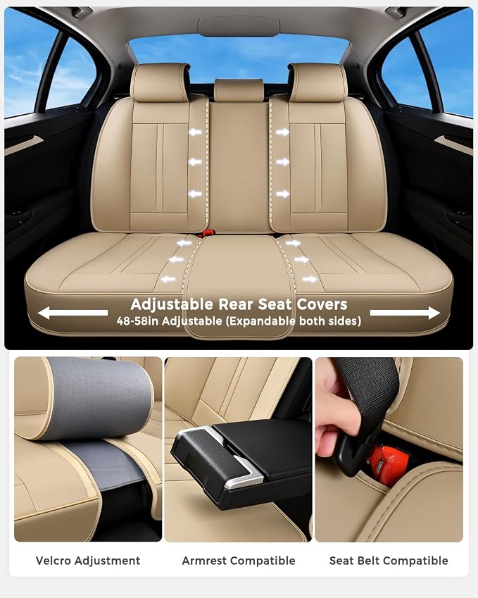 Huidasource Beige Back Seat Cover Luxury Nappa Leather, Rear Seat Cover with Velcro Adjustable, Ventilation Holes, Seat Belts, Child Seats, Car Back Seat Covers Fit for Most Cars SUV Trucks, Beige