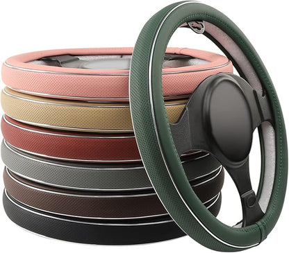 ALEMODR Black Leather Steering Wheel Cover Fiber Strip Car Steering Wheel Cover Universal 15 inch for Men