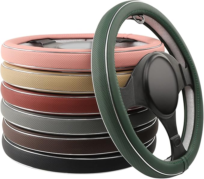 ALEMODR Pink Leather Steering Wheel Cover Fiber Strip Car Steering Wheel Cover Universal 15 inch for Women Girls