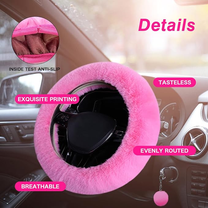 7PCS Set car Interior Aesthetic Accessories, Fluffy 15 inch Steering Wheel Cover, armrest pad, seat Belt Cover,Gear Shift Cover, Fit Girly car Accessories for Women.