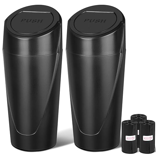 Car Trash Can, 2 Packs Mini Car Garbage Can Cup Holder with Lid | Leakproof Car Trash Bin with 60 Trash Bags, Vehicle Front Back Seat Organizers and Storage for Car, Home, Office, Black
