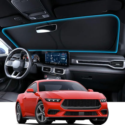 Wigoo for Ford Mustang Windshield Sunshade [OEM Design, 100% Sun Blockage] Foldable Heat Insulation Sun Shade with Storage Bag, for Ford Mustang (2015-2026), Silver Coating