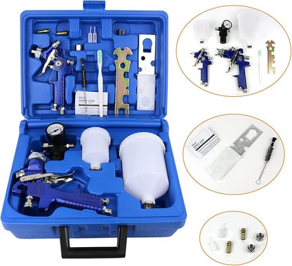 2-Sprayer HVLP Air Gravity Spray paint Gun,1.0mm 150ml & 1.4mm 600ml Auto Gravity Feed Painting with Locking Air Pressure Regulator Gauge Air Spray Nozzle Gun for Cake Decoration,Model Making