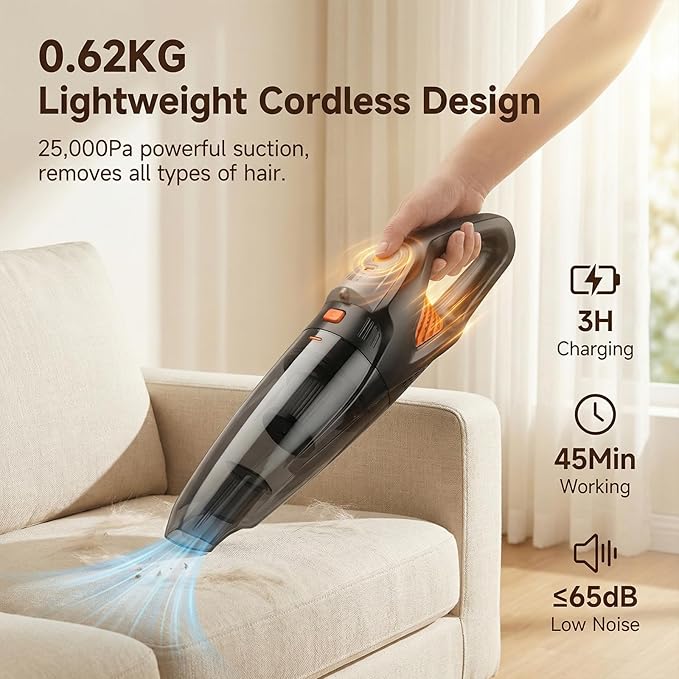 Handheld Vacuum Cordless, 25000Pa Powerful Suction Car Vacuum Portable Cordless with 8000mAh Battery & LED Light, Hand Held Vacuum Rechargeable with HEPA Filters, Home, Car Seats, Pet Hair Orange