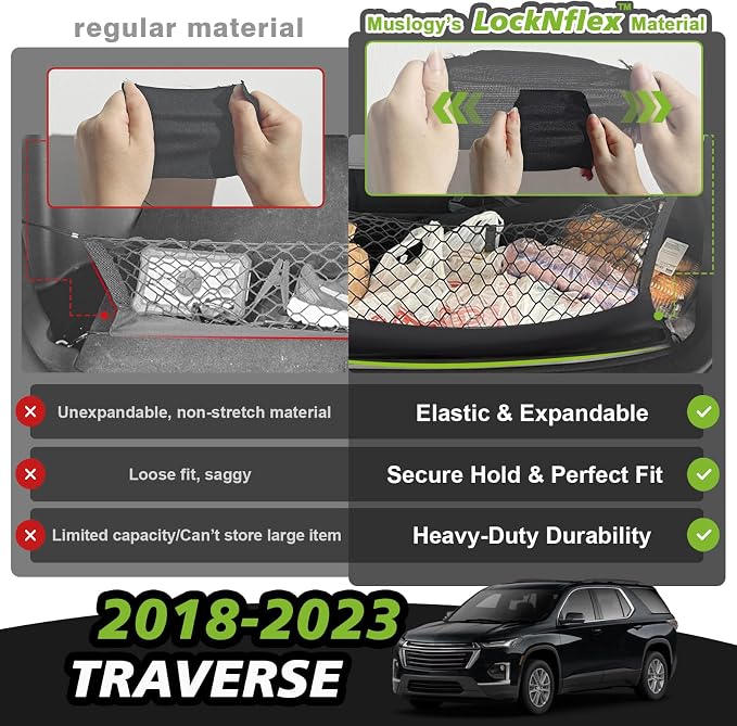 Muslogy Truck Bed Cargo Net Trunk Netting Compatible with 2018-2023 Chevy Traverse Accessories, Pickup Cargo Organizer SUV Sedan Storage Net w/Heavy Duty Carabiners