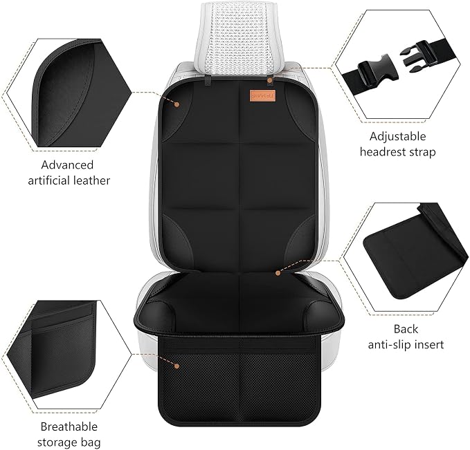SMART ELF Car Seat Protector [1 Pack] Large Auto Protector for Child Seats with Thickest Padding and Non-Slip Backing Mesh Pockets for SUV, Sedan, Truck, Leather and Fabric - Black