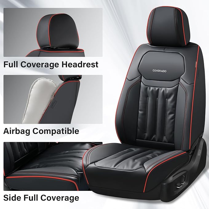 Coverado Car Seat Covers, Full Set Seat Covers for Cars 5 Seats, Car Seat Protector, Waterproof Nappa Leather Car Seat Cushion, Universal Fit for Most Cars, Black&Red Line