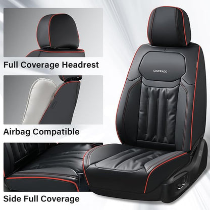 Coverado Car Seat Covers, Nappa Leather Waterproof Seat Cover, Car Seat Protector, Automotive Seat Covers Universal Fit for Most Cars, (Front, Black&Red Line)
