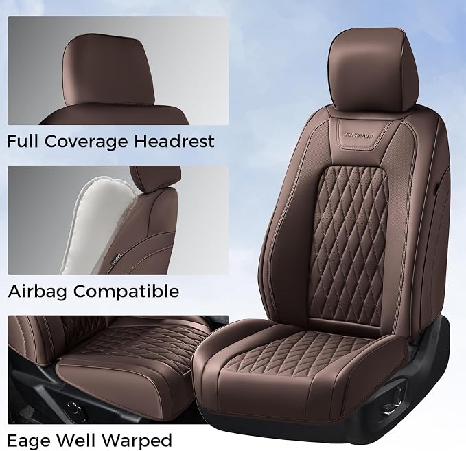 Coverado Premium Leather Front Seat Covers Waterproof Heavy-Duty Protectors Custom Fit for Ford F150 (2015-2026) F250/F350/F450 (2017-2026)-Brown, Vintage Style, Scratch-Resistant