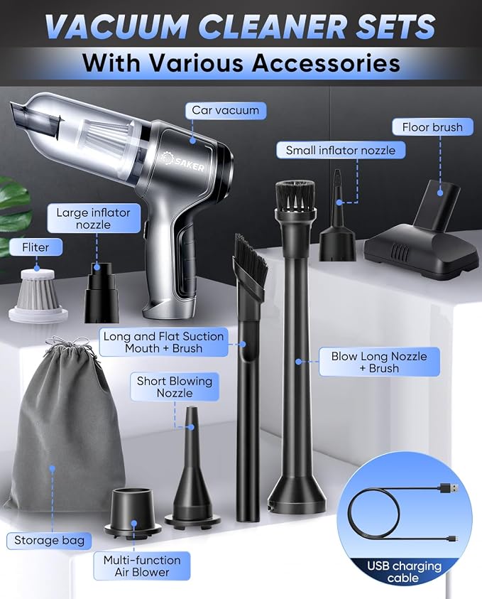 Saker Car Vacuum Portable Cordless Handheld Car Vacuum 15000PA High Power with Brushless Motor and Blower for Cars,Office,Home Cleaning HL107B