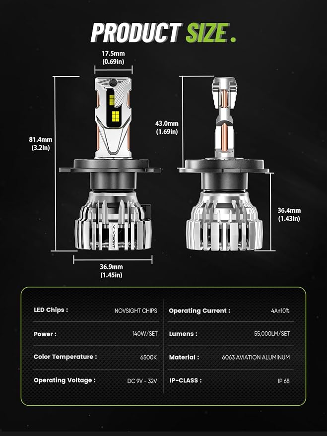 NOVSIGHT H4 Fog Lights Bulbs - 55000 Lumens,100000 Hours Lifespan,6500K Cool White Light,Efficent Cooling System, Pack of 2