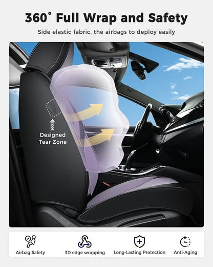 Huidasource Seat Covers Full Set, Universal Fit for Most Cars SUVs Trucks, Full Coverage Leather Seat Cover, Airbag, Cupholder Compatible, Seat Function Retain, Easy Install with Velcro, Black&Purple