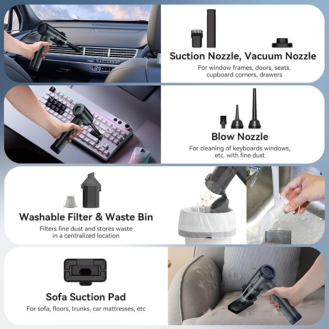 Handheld Vacuum Cordless, Portable Car Vacuum, High Power Cleaner for Pet Hair/Car/Home, Suction & Blow 2 in 1, 17-30 Min Run Time, Small Lightweight Gadget, Type-C Rechargeable