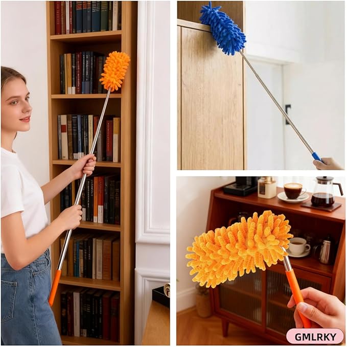 Microfiber Duster for Cleaning, GMLKRY Hand Washable Dusters with 3pcs Replaceable Microfiber Head, Extendable Pole, Detachable Cleaning Supplies for Office, Car, Window, Furniture (Gray)
