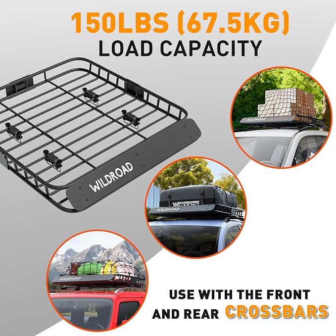 Wildroad Roof Rack Cargo Basket, Upgraded 4” Fence Car Roof Basket, 43"x 39"x 4" Universal Car Top Luggage Holder Carrier Basket Fits for SUV Truck Cars