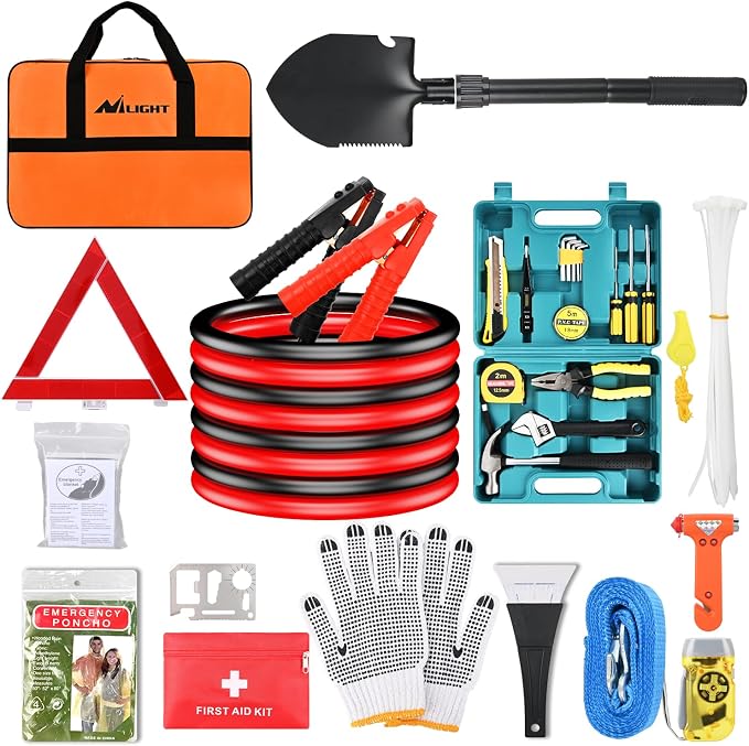 Nilight Car Emergency Kit with Jumper Cable, First Aid Kit Safety Assistance Tools for Travel Camping Outdoor Cars Truck SUV RV, Roadside Essentials with Flash Light