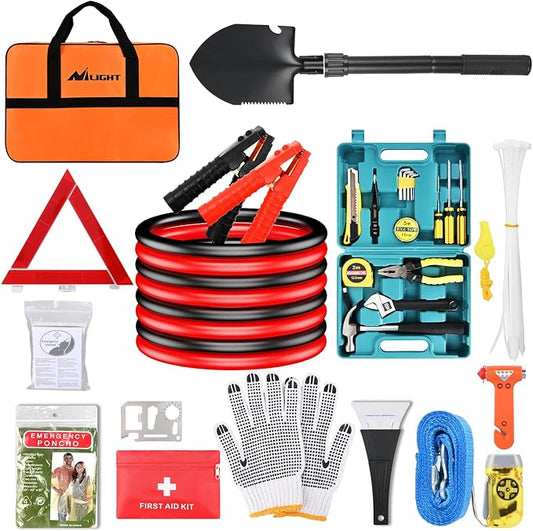 Nilight Car Emergency Kit with Jumper Cable, First Aid Kit Safety Assistance Tools for Travel Camping Outdoor Cars Truck SUV RV, Roadside Essentials with Flash Light