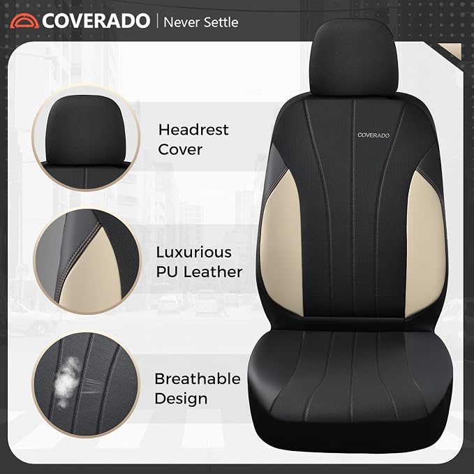 Coverado Car Seat Covers Full Set, 5 Seats Waterproof Nappa Leather Automotive Seat Protectors, Front & Rear Luxury Mesh Seat Covers, All-Weather Universal Fit for Most Cars SUVs, Trucks,Beige&Black