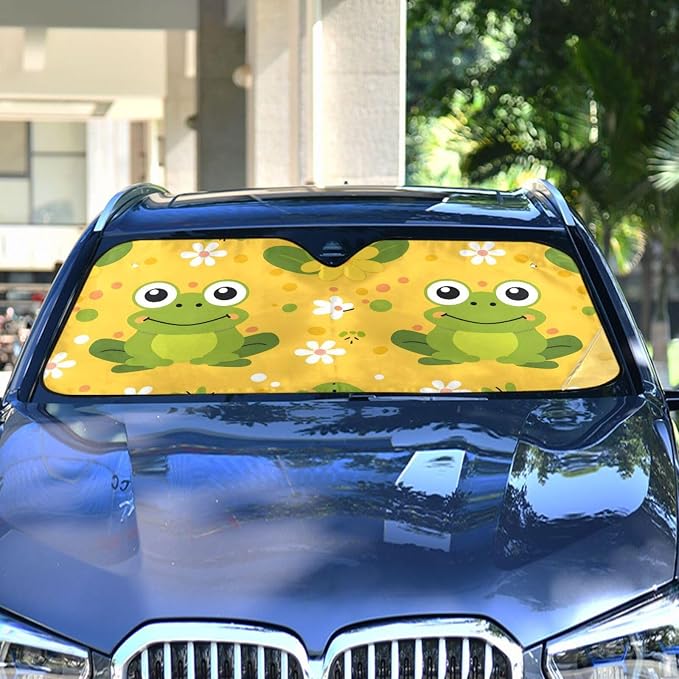 Cars Front Sun Shade Windshield,Foldable Reflective Sun Visor Green Frogs Flowers Windshield Sunshade Cover,Blocks UV Ray Sun Protect Interior Keep Cool,53" x 23.5 "
