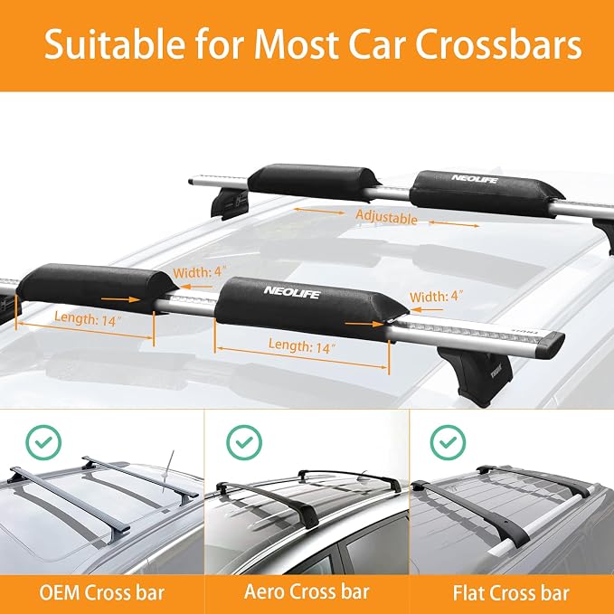 Soft Roof Rack Pads with Two 15 Ft Tie Down Straps for Surfboard, SUP Paddleboard, Snowboard, 28/34inch (Pair)