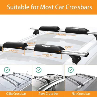 Soft Roof Rack Pads with Two 15 Ft Tie Down Straps for Surfboard, SUP Paddleboard, Snowboard, 28/34inch (Pair)