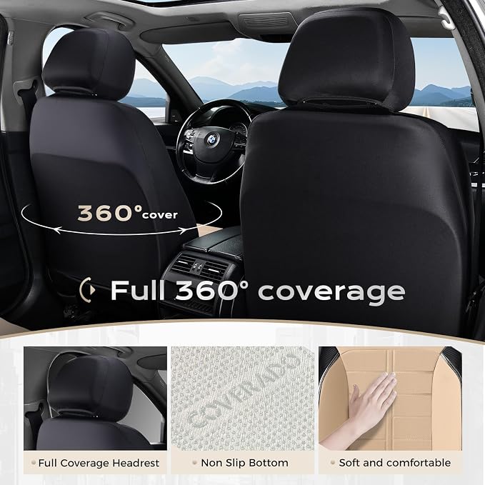 Coverado Full Set Leather Car Seat Covers, Crafted with Full Leather Construction and Carbon Fibre Weave Universal Fit for Most Cars SUV Trucks(Beige