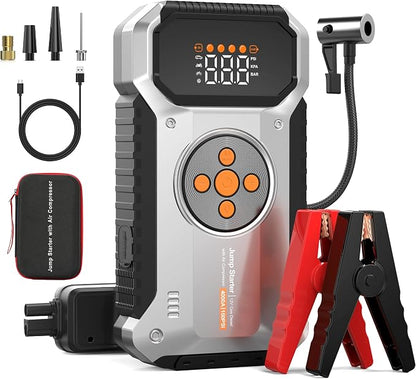Car Jump Starter with Air Compressor, 4000A 12V Portable Jump Starter (All Gas/9L Diesel), Car Battery Jump Box with 150 PSI Tire Inflator, 3 Modes Flashlight, Storage Case, Jumper Cables