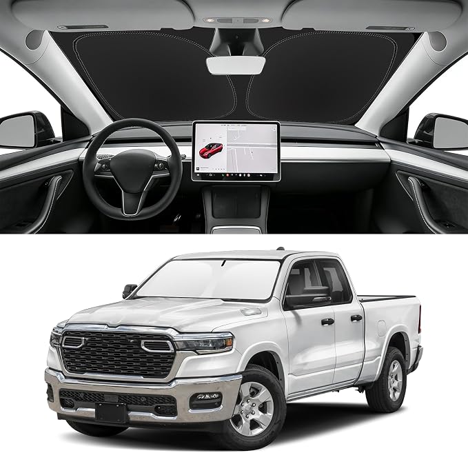 Custom Fit Windshield Sun Shade for RAM 1500 2019-2026, Blocks UV & Heat, Front Window Sunshade Accessories, Easy Fold & Store Keep Your Car Cooler
