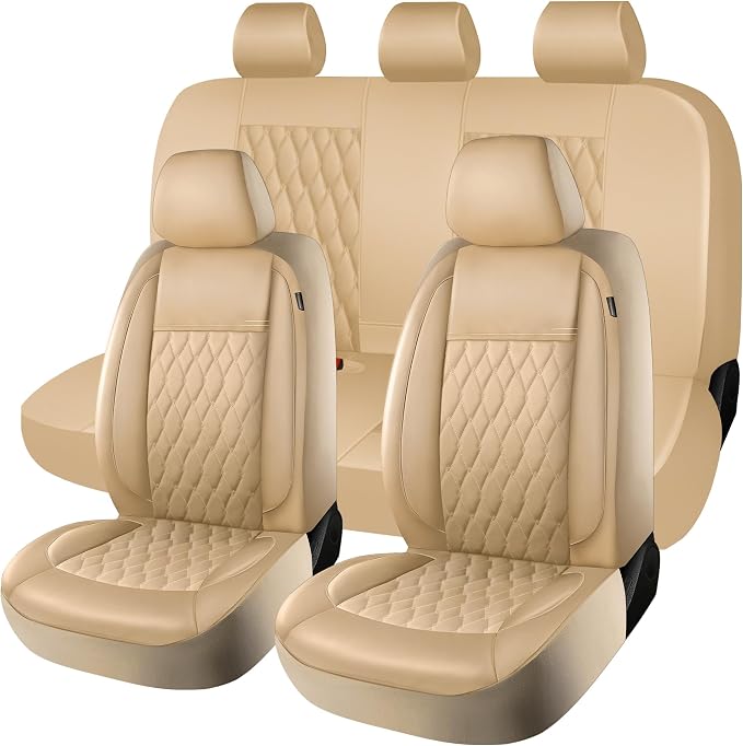 CAROMOP Faux Leather Car Seat Covers Full Set,Luxury and Comfortable Covers for Cars,Split Bench Compatible Car Interior Covers,Universal Fit for Suvs,Vans,Trucks,Airbag Compatible(5-Seat Beige)