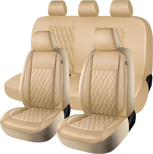 CAROMOP Faux Leather Car Seat Covers Full Set,Luxury and Comfortable Covers for Cars,Split Bench Compatible Car Interior Covers,Universal Fit for Suvs,Vans,Trucks,Airbag Compatible(5-Seat Beige)