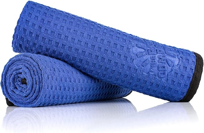 The Rag Company Dry Me A River, Professional Korean 70/30 Blend Microfiber Waffle-Weave Drying & Detailing Towels, Soft Suede Edges, 390 GSM, 20x40 Inches, Royal Blue, 2-Pack