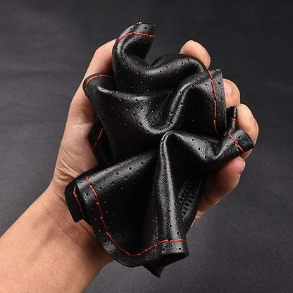 BMLEI Universal Car Steering Wheel Cover with Top Genuine Leather, Anti-Slip Design and Soft Padding, Stitching Style (Black Leather with red Thread)