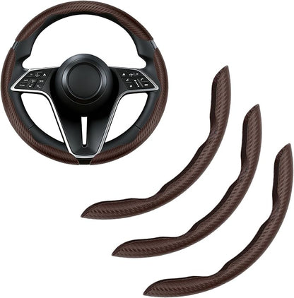 Carbon Fiber Steering Wheel Cover, 3-Piece Set Anti-Skid Comfortable Grip Segmented Butterfly Design, Easy Snap-On Installation Universal Fit 99% Cars, Brown