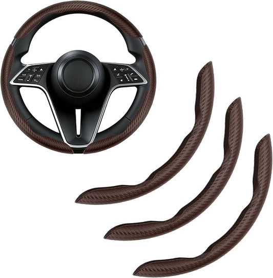 Carbon Fiber Steering Wheel Cover, 3-Piece Set Anti-Skid Comfortable Grip Segmented Butterfly Design, Easy Snap-On Installation Universal Fit 99% Cars, Brown