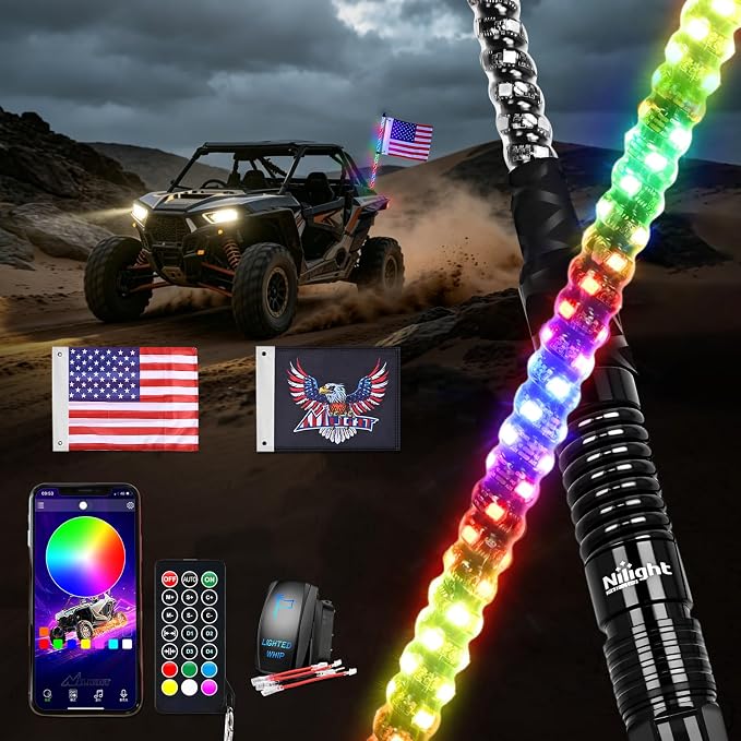 Nilight LED Whip Light 1PC 3FT Spiral RGB Antenna Whips with Spring Base, App/Remote Control DIY Chasing Patterns Brake & Reverse Lights for Side by Side ATV UTV RZR Can-Am Buggy Jeep