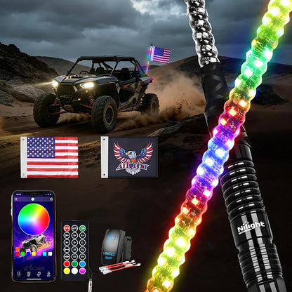 Nilight LED Whip Light 1PC 3FT Spiral RGB Antenna Whips with Spring Base, App/Remote Control DIY Chasing Patterns Brake & Reverse Lights for Side by Side ATV UTV RZR Can-Am Buggy Jeep