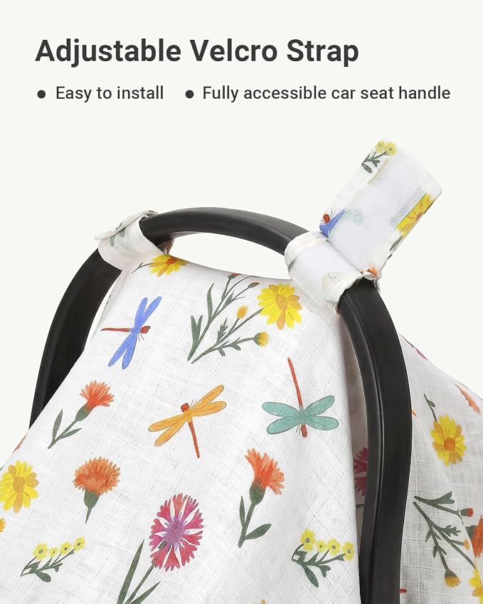 Rquite Infant Car Seat Cover for Babies Girls, 100% Muslin Cotton Carseat Canopy, Breathable Stroller Sun Shade, Baby Shower Gift & Newborn Essentials, Universal Fit Summer & Hot Weather (Floral)