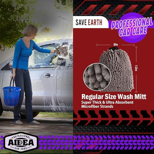AIDEA Car Wash Mitt Microfiber-2Pack, Scratch-Free& Lint-Free, Premium Chenille Microfiber Wash Mitt-Grey Extra Large Size (8''X12'')
