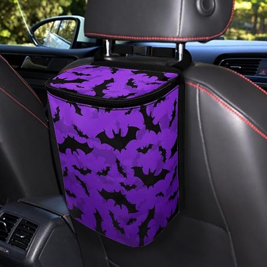 Purple Bats Pattern Car Trash Can Leakproof Garbage Bag with Lid and Zipper 1.2Gal Trash Bin Hanging for Back Seat Halloween Car Accessories Universal Fit