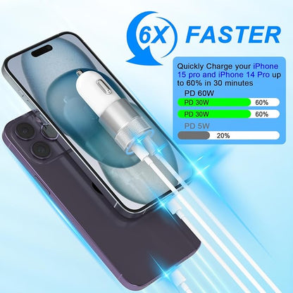 iPhone Car Charger Fast Charging, [Apple MFi Certified] 60W Dual USB-C Power Cigarette Lighter Car Charger+Type-C Cable&Lightning Cable for iPhone 16 15 14 13 12 Pro Plus XS XR iPad, Samsung, Carplay