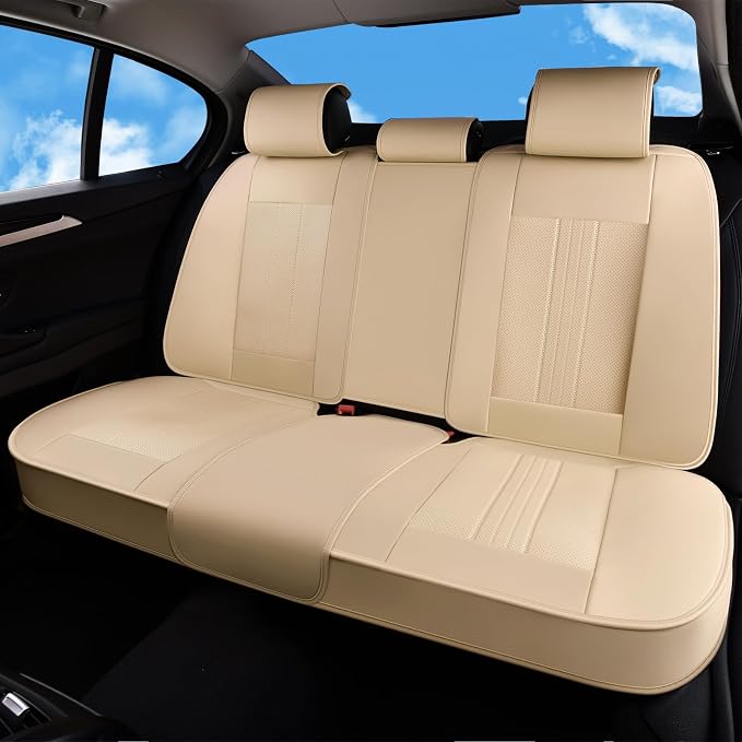 Huidasource Beige Back Seat Cover, Luxury Faux Leather Car Back Seat Cover, Velcro Adjustable, Compatible with Child Seat, Perforation Cooling＆Heating, Universal Fit for Most Cars Vans, Trucks, SUVs