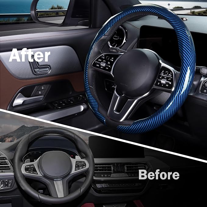 Car Steering Wheel Cover Carbon Fiber Snap On Steering Wheel Accessories Wrap 14.5-15 inch Universal Grip Anti-Skid Protector, Glossy Blue
