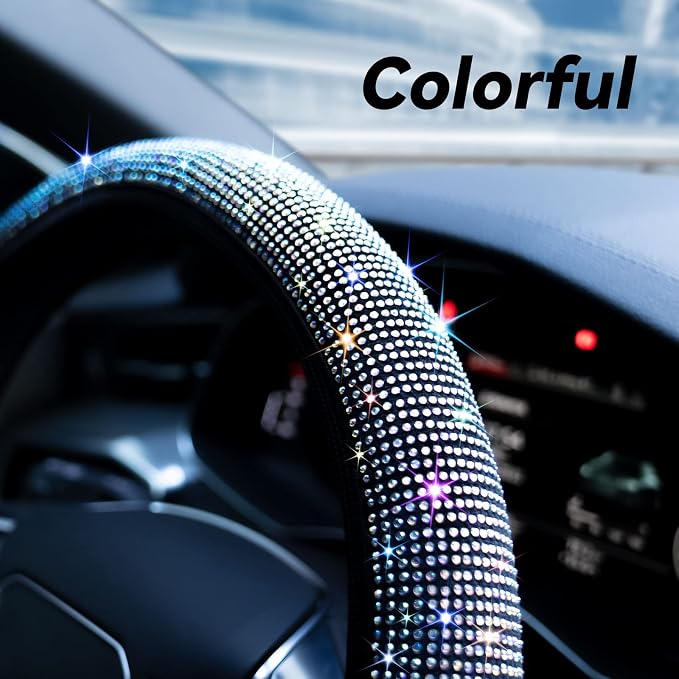 Bling Steering Wheel Cover, Rhinestone Steering Wheel Cover with Crystal Diamond for Women, Sparkling Car Wheel Protector Universal Fit 14-15 inches - Colorful