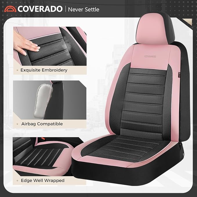 Coverado Car Seat Covers Front Seats, Luxury Leather Car Seat Covers, Automotive Mesh Seat Covers 2 Pack, Airbag-Compatible, Black Pink Seat Covers for SUV Sedan Truck