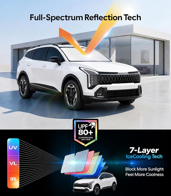 Wigoo Windshield Sun Shade Umbrella for Kia Sportage [100% Sun Blockage, Ice Cooling Fabric] Reflective Heat Insulation, Foldable Front Window Sunshade Umbrella for Kia Sportage 2005-2026