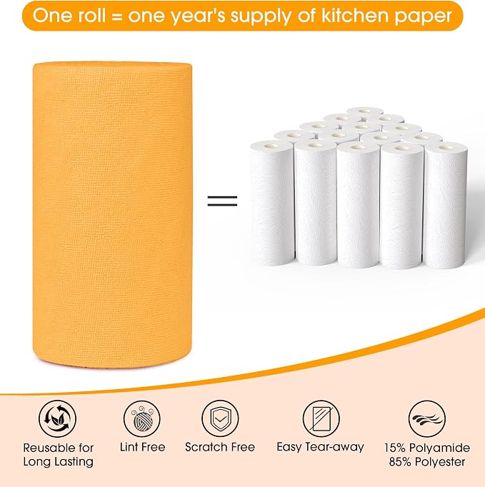 Microfiber Cleaning Cloth Roll–100 Pack, Tear Away Microfiber Towels, Reusable, Washable, Scratch-Free, Kitchen Towels for Car, Home, Kitchen, Glass, Dishes(Tangerine Yellow)